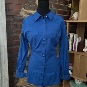 Wrangler Blue Long Sleeve Button Down Shirt Black Pearl Snap Style Women’s M